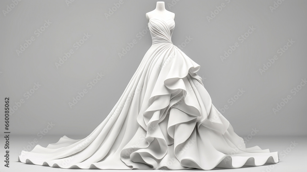 Highlighting the elegance of an ideal white bridal gown displayed on a mannequin, a bridal masterpiece.