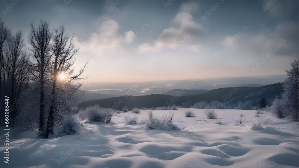 Winter landscape with snow covered trees in the Carpathian mountains.