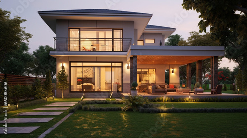 Modern house with garden and lawn at dusk. 3d rendering. © StockHaven