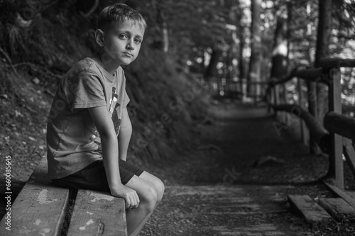 black and white photo  a cute little boy sits on a bench  looks at the camera in a green forest  in the summer. Rest and travel