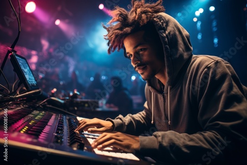 A close-up color portrait of a young musician lost in the music, with vibrant stage lights creating a dynamic and energetic atmosphere © Hunman
