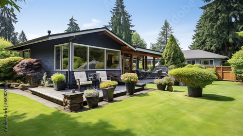  Luxury house exterior with garden view. 3D Rendering