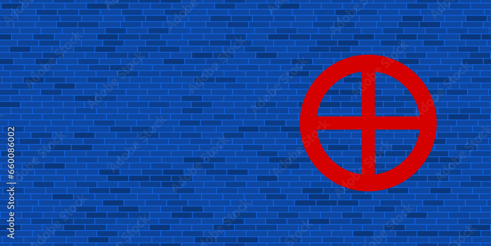 Blue Brick Wall with large red astrological earth symbol. The symbol is located on the right, on the left there is empty space for your content. Vector illustration on blue background Blue Brick Wall with large red astrological earth symbol. The symbol is located on the right, on the left there is empty space for your content. Vector illustration on blue background