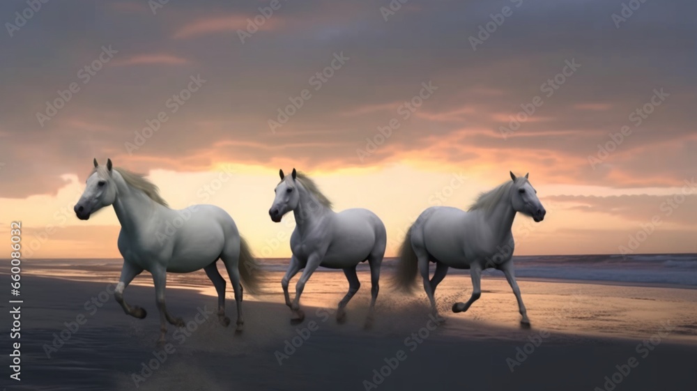Five White horses running on the beach straight Ai generated art Five White horses running on the beach straight Ai generated art