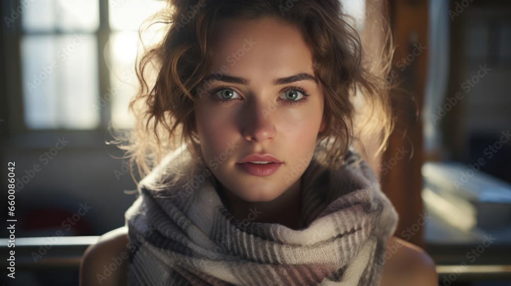 Young woman with plaid warming near radiator at home Young woman with plaid warming near radiator at home