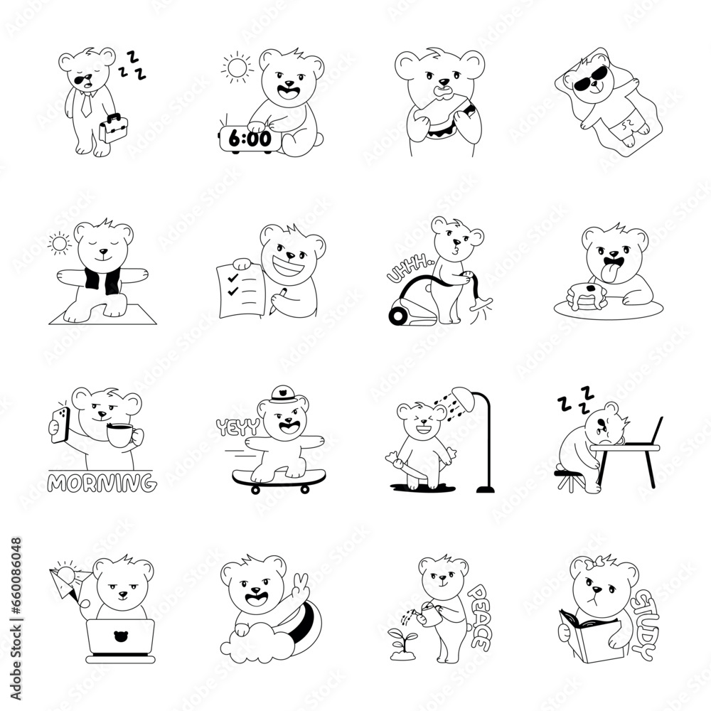 Trendy Bundle of Cute Bear Glyph Stickers 

