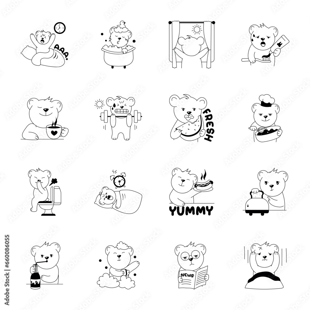 Cute Collection of Good Morning Bear Glyph Stickers 

