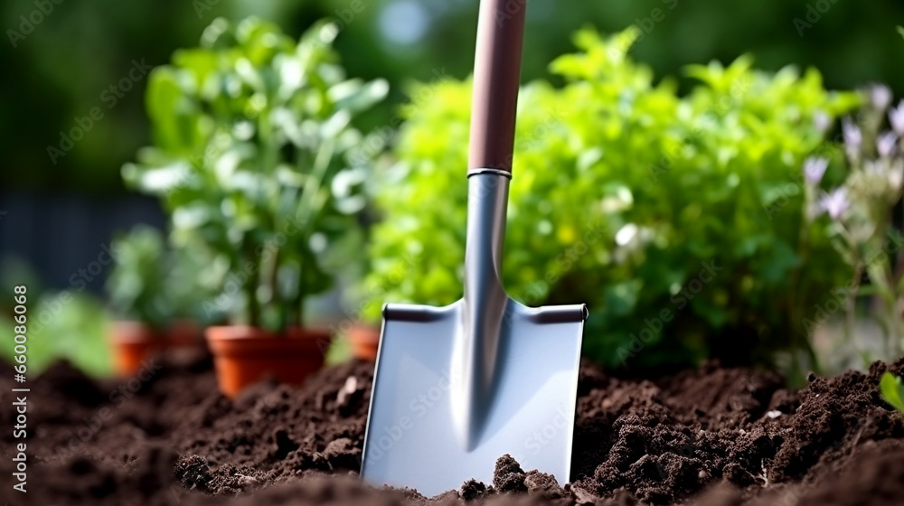 This close-up image presents a garden shovel, This close-up image presents a garden shovel,