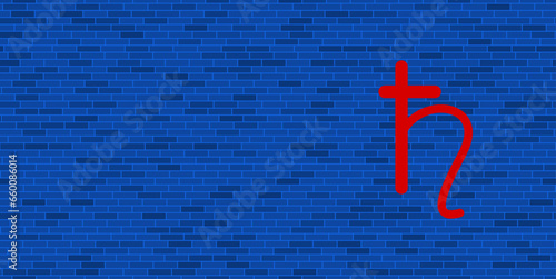 Blue Brick Wall with large red astrological saturn symbol. The symbol is located on the right, on the left there is empty space for your content. Vector illustration on blue background