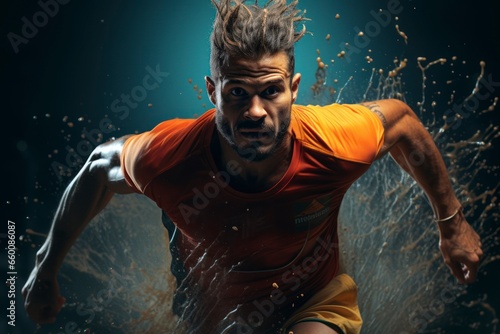 A dynamic sports portrait of an athlete in action, frozen in mid-air during a high-intensity moment, showcasing the dedication and athleticism