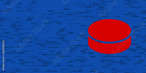 Blue Brick Wall with large red hockey puck. The symbol is located on the right, on the left there is empty space for your content. Vector illustration on blue background
