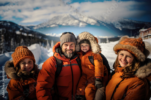 A loving father stands atop a snow-covered mountain, accompanied by his three joyful children. They are all dressed in warm snow jackets