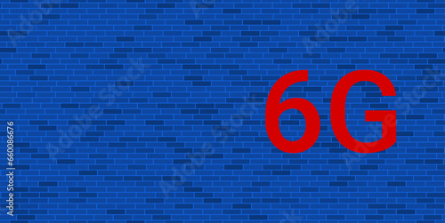 Blue Brick Wall with large red 6G symbol. The symbol is located on the right, on the left there is empty space for your content. Vector illustration on blue background