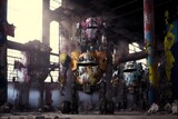 group of maschinen krieger mech robots covered with graffiti standing inside an old dusty factory very wide angle 21mm lens hyperrealistic 8k unreal engine render 