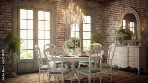Interior design inspiration of Farmhouse Shabby Chic style home dining room loveliness decorated with Wood and Brick material and Accent Wall .Generative AI home interior design .