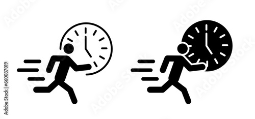 Don't forget or miss the deadline concept. Human running. Rushed, belated for work. Be lated businessman sign. Deadlines, stress plan. Sport, runner icon  running on time. Run with clock.