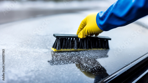 Witness effective snow removal as a hand skillfully uses a squeegee to clear snow from a car, ensuring safe driving. photo