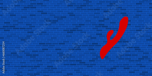 Blue Brick Wall with large red sex toy symbol. The symbol is located on the right, on the left there is empty space for your content. Vector illustration on blue background
