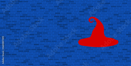 Blue Brick Wall with large red witch hat symbol. The symbol is located on the right, on the left there is empty space for your content. Vector illustration on blue background
