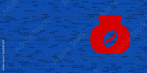 Blue Brick Wall with large red instant coffee symbol. The symbol is located on the right, on the left there is empty space for your content. Vector illustration on blue background