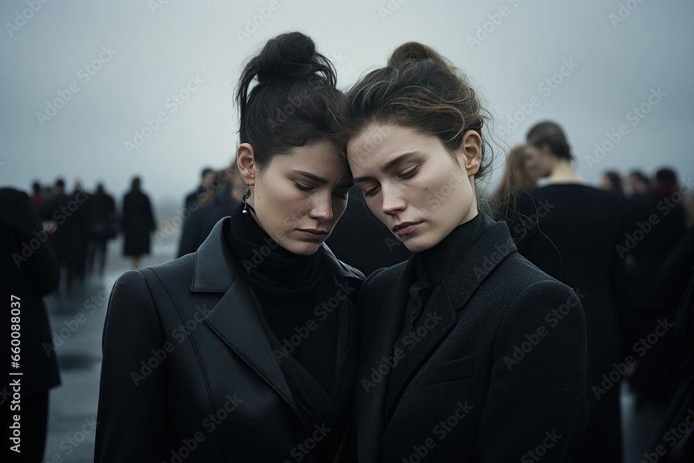 Two young women in black coats embracing each other, Funeral concept. Two young women in black coats embracing each other, Funeral concept.