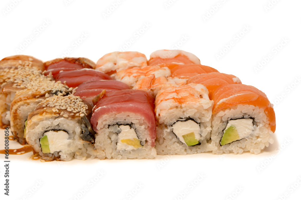 Sushi rolls with salmon, shrimp, eel, tuna. Sushi rolls with salmon, shrimp, eel, tuna.