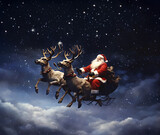Santa Claus riding a sleigh with reindeer in the sky at night. Marry Christmas.
