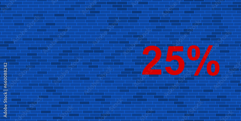 Blue Brick Wall with large red 25 percent symbol. The symbol is located on the right, on the left there is empty space for your content. Vector illustration on blue background Blue Brick Wall with large red 25 percent symbol. The symbol is located on the right, on the left there is empty space for your content. Vector illustration on blue background