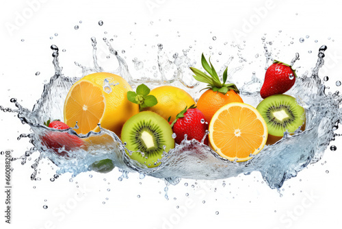 Water swirl wave splash with falling mix berries and fresh fruits isolated on white background  Tropical juice or cocktail drinks  summer beverage concept.