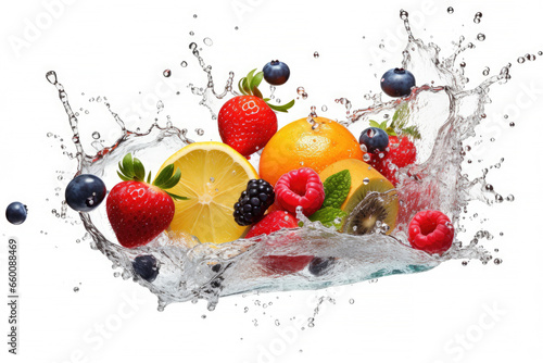 Water swirl wave splash with falling mix berries and fresh fruits isolated on white background  Tropical juice or cocktail drinks  summer beverage concept.