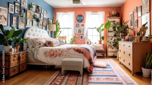 Bedroom decor, home interior design . Bohemian Eclectic style with Gallery Wall decorated with Textile and Rattan material . Generative AI AIG26. photo