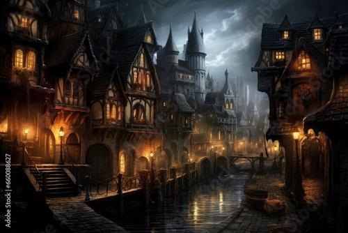Medieval fantasy town at night.