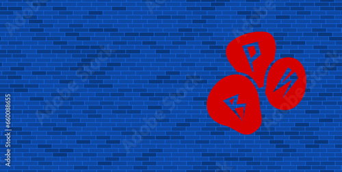 Blue Brick Wall with large red divination stones symbol. The symbol is located on the right, on the left there is empty space for your content. Vector illustration on blue background
