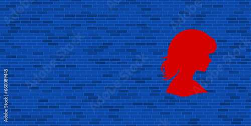 Blue Brick Wall with large red woman face profile symbol. The symbol is located on the right, on the left there is empty space for your content. Vector illustration on blue background
