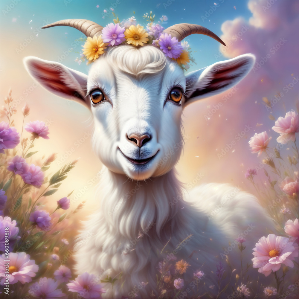 Cute goat, happy goat with flowers. Goat in a wreath of flowers. AI generative image.