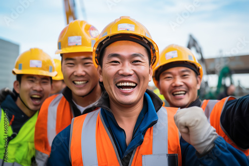 Group of happy Asian workers in hard hats and construction uniforms at a construction site