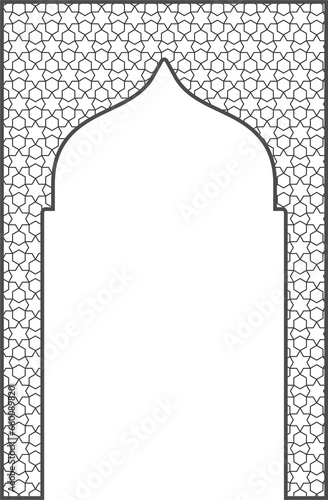 Islamic frame with arch and ornament. Ramadan gate on geometric background for wedding invitation design. Oriental decoration photo