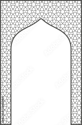 Islamic frame with arch and ornament. Ramadan gate on geometric background for wedding invitation design. Oriental decoration photo