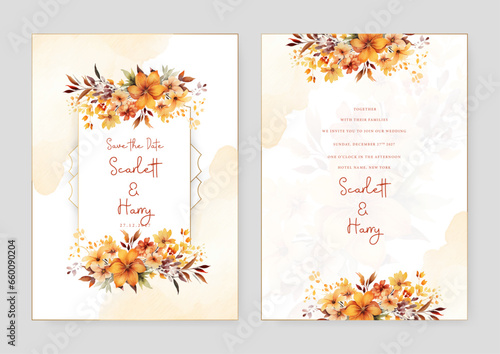 Orange frangipani beautiful wedding invitation card template set with flowers and floral