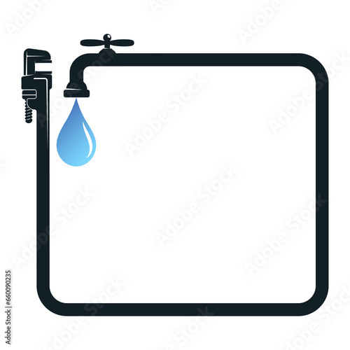 Blue water drop, water faucet and wrench, plumbing repair banner frame