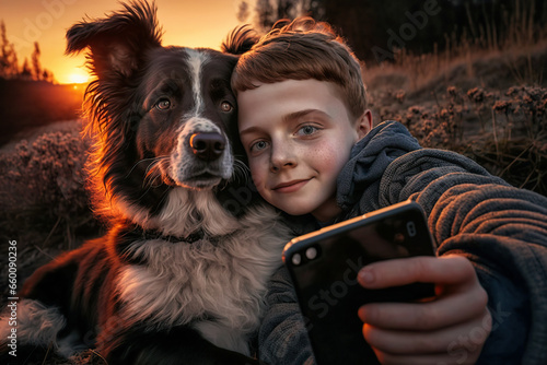 Niño sonriente con su perro Border Collie, sosteniendo un teléfono móvil y tomándose un selfie. La luz del sol se filtra por detrás, creando una atmósfera cálida. 