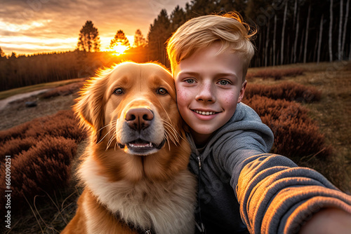 Momento feliz y espontáneo de un niño sonriente, mirando a la cámara con el brazo extendido tomándose un selfie junto a su perro Golden Retriever.  photo