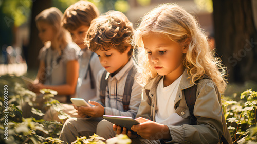 Children looking at the screens of their mobile phones, tablets or digital devices. Young children's addiction to screens and technology. Generative ai