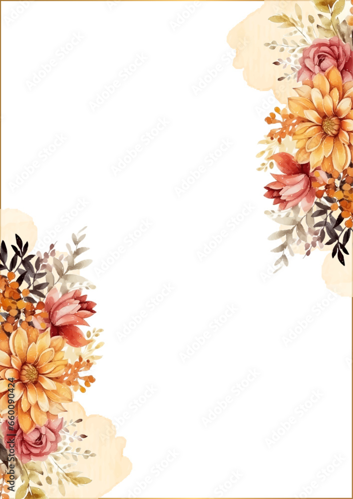 Obraz premium Orange and pink vector frame with foliage pattern background with flora and flower