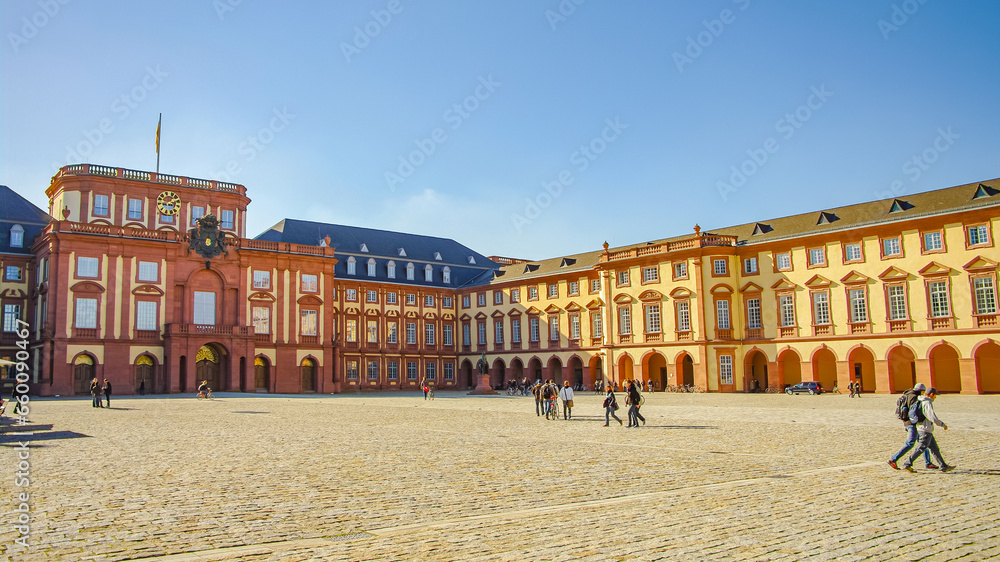 Mannheim, Germany - October 26, 2010: Panoramic view over University campus in city center in Square district in sunset golden Autumn colors. Cityscape in the historical downtown at sunny day