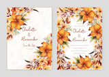 Orange frangipani modern wedding invitation template with floral and flower