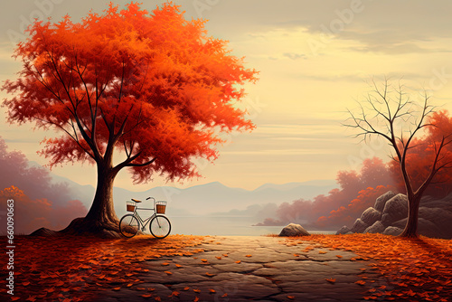 A red bicycle parked on the side of the road. Autumn landscape. Generative AI