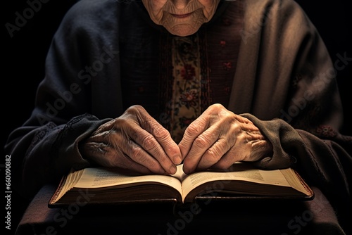 an old lady with wrinkled hands is reading a book