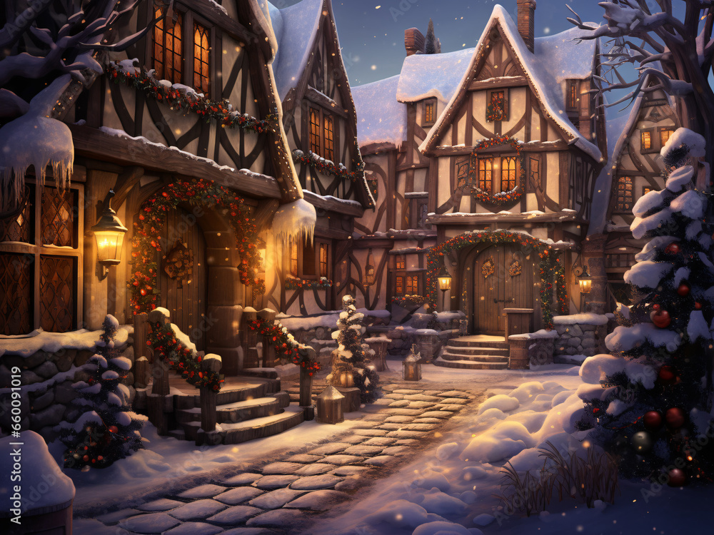 A snowy Christmas village with old houses and decorative decorations reminiscent of Christmas moments. AI generated