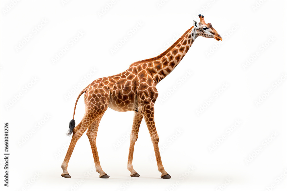 Obraz premium Giraffe isolated on a white background walking. Animal side view portrait.